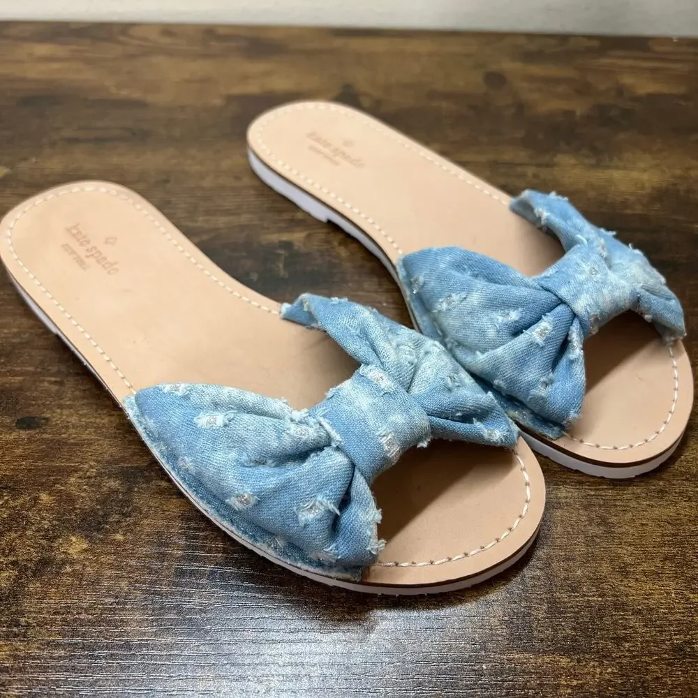 Kate Spade Indi Slide Sandal 8 Denim Bow Slip On Feminine Chic Open Toe Coquette - Picture 6 of 11